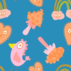 Cartoon doodle seamless mushrooms and birds and clouds and hearts pattern