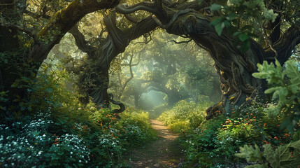 A forest path with trees and flowers