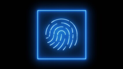 Neon glowing fingerprint icon on black background. Identification sign.