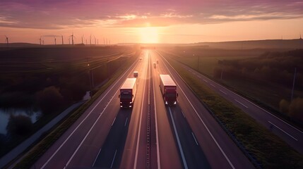 Obraz premium Three trucks driving on the highway in a rural area