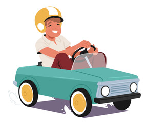 Fototapeta premium Boy Wearing A Helmet Joyfully Rides A Classic Pedal Car. Cheerful Kid Character Depicting The Innocence And Excitement