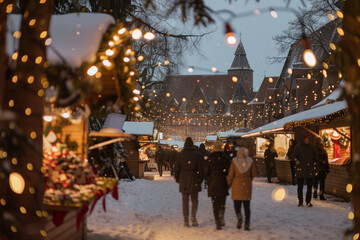 Obraz premium A group of people walk down a snowy street during the holiday season