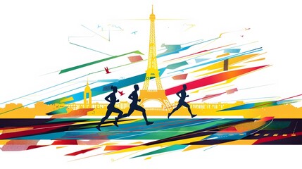 Colorful illustration of the 2024 Paris games, with athletes running in a sports event and the Eiffel Tower in the background, highlighting the beauty and grandeur of the host city
