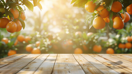Empty beautiful wood tabletop counter with views of orange trees in the background