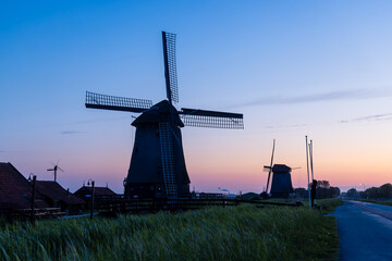 Historic windmill by the canal and wildflowers in the Netherlands country side.