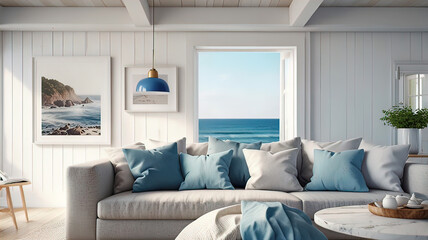 coastal living room interior background, house layout, hotel room by the sea