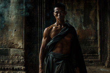 Fototapeta premium A man in a robe stands in a dark room