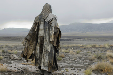 A person is standing in a desert with a dirty, torn coat