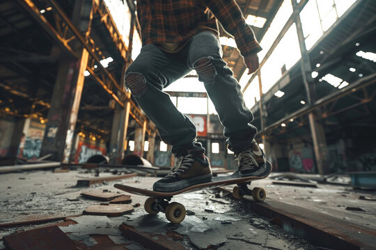 A man is skateboarding in a dirty, abandoned building