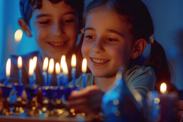 Hanukkah celebration with a family lighting the menorah