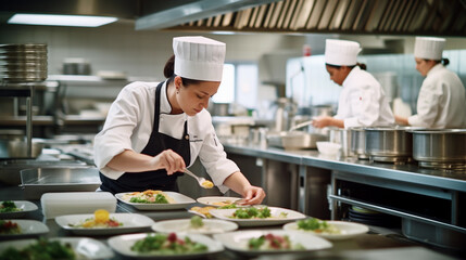 female chef at work in the kitchen, preparing delicious dishes