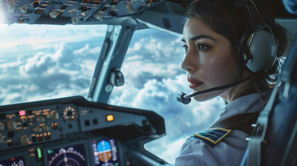Asian girl pilot in airplane cabin