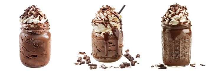 Set of rustic mason jar filled with rich chocolate ice cream, adorned with whipped cream and...