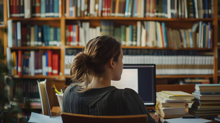 The student life Shot of a group of university students working on computers in the library at campus, student full body standing in a library and looking through a book, woman in the library