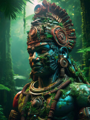 Fototapeta premium ancient Indian statue, in some places covered with moss, in the forest