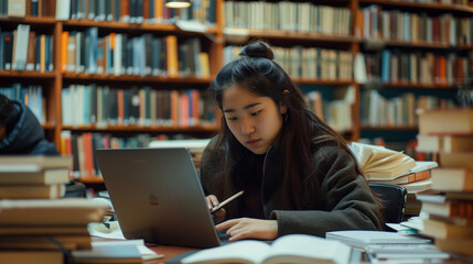 The student life Shot of a group of university students working on computers in the library at campus, student full body standing in a library and looking through a book, woman in the library