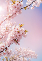 Fototapeta premium Sakura. Branches with pink flowers on a plain background for publications.