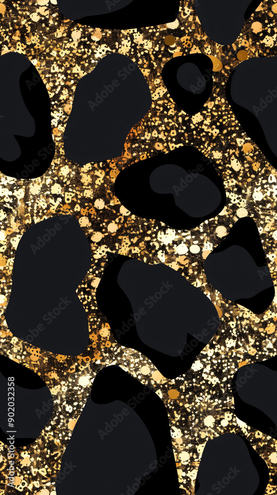 Poster seamless pattern repeating gold glitter leopard spots on a black background