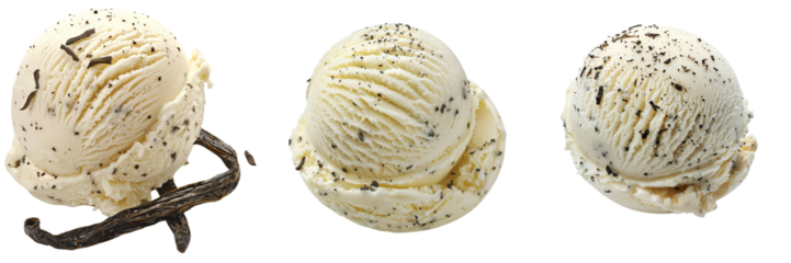 Set of scoop of creamy vanilla ice cream with visible vanilla bean specks isolated on transparent background   (3)