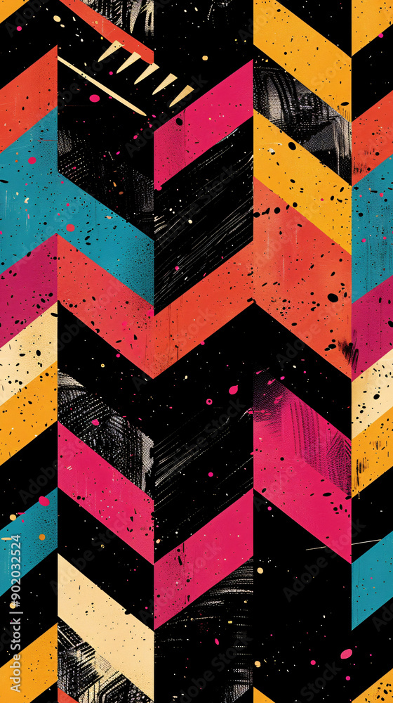 Poster Seamless pattern with colorful zig zag stripes and black brushstrokes, creating a dynamic and modern design