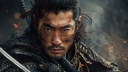 Valiant icon - japanese samurai portrait, highlighting the fierce determination and noble stature, adorned in traditional armor with katana, representing valor and legacy of feudal japan