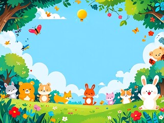 Obraz premium Two rows of colorful cartoon animals in a grassy meadow, suitable for childrens educational materials, storybook illustrations, and animations.