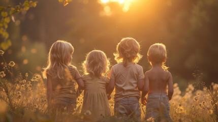Four young children sit together in a meadow, watching the sunset and enjoying the golden light of the evening.
