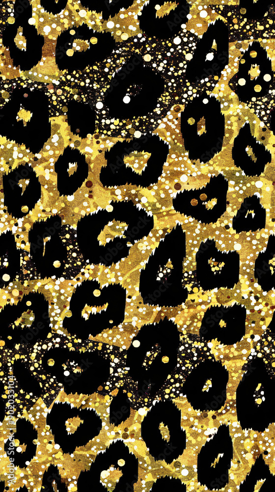 Poster Luxurious and wild design with seamless leopard pattern and gold glitter texture