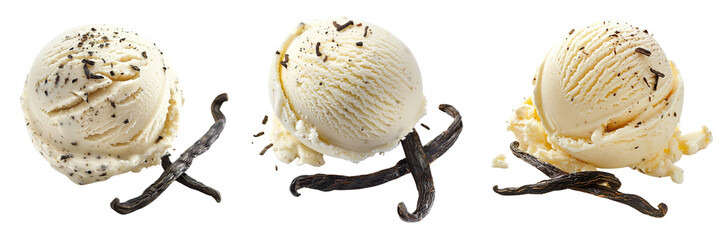 Set of scoop of creamy vanilla ice cream with visible vanilla bean specks isolated on transparent background