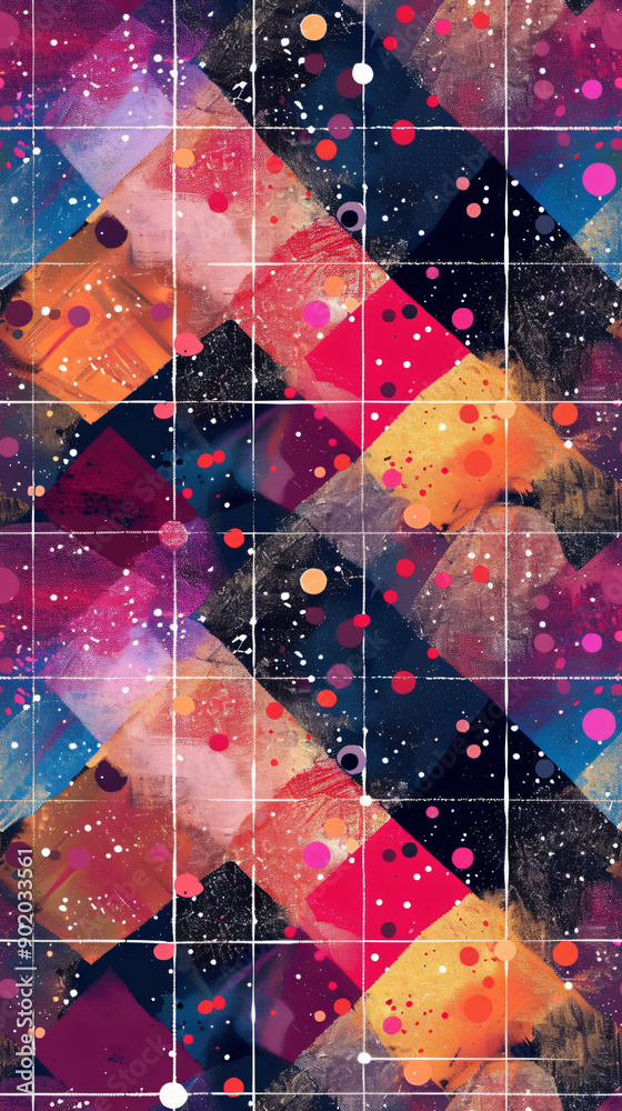 Poster Seamless pattern mixing geometric shapes and colorful squares with a grunge texture