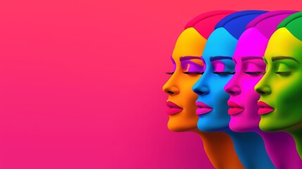 A colorful painting of women's faces with different colored eyes and lips. The painting is vibrant and lively, with a sense of diversity and individuality