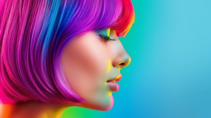 Naklejka premium A woman with rainbow colored hair and makeup. The woman's face is the main focus of the image