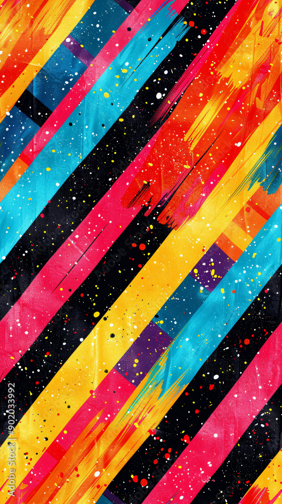 Poster Dynamic and energetic seamless pattern with vibrant diagonal stripes and paint splatter effect