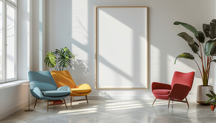 Fototapeta premium Scandinavian living room with empty frame