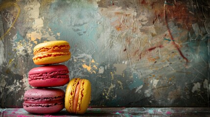 Vibrant macarons on vintage backdrop with room for text