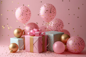 Festive pink balloons and wrapped presents with polka dots for a joyful birthday celebration