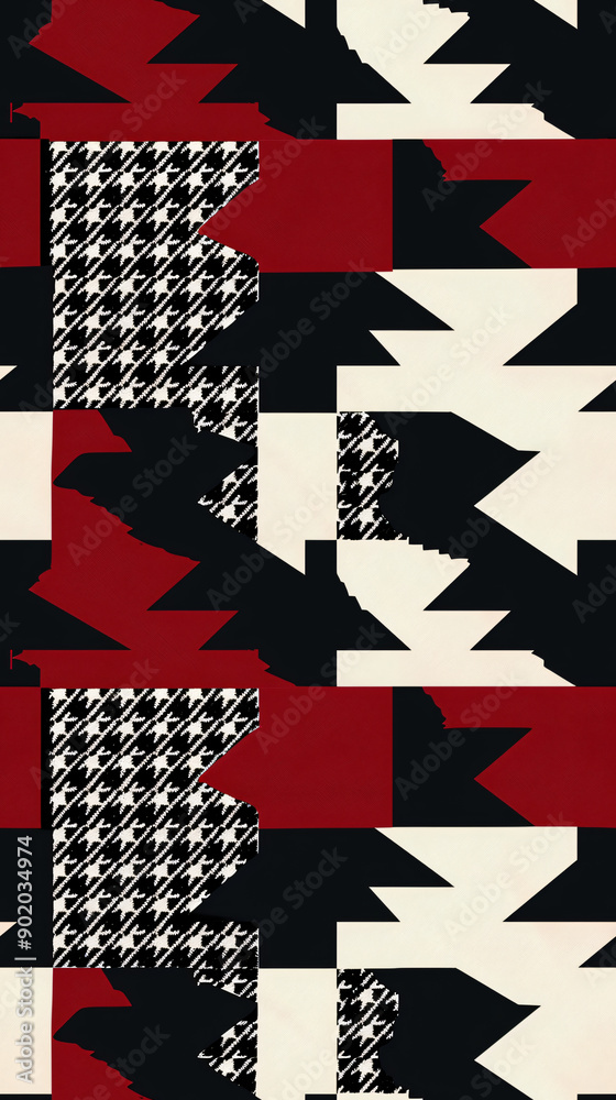 Poster modern textile design with seamless houndstooth pattern and geometric shapes