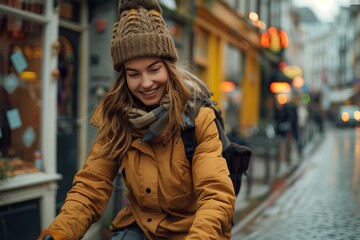 Fototapeta premium Active Urban Lifestyle: Woman Cycling and Engaging with Technology