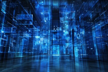 Obraz premium High tech digital cityscape with glowing blue gridlines and futuristic buildings