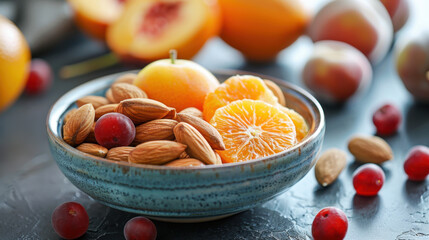 Naklejka premium A bowl filled with almonds, oranges, and various fruits, highlighting a healthy and nutritious snack option.
