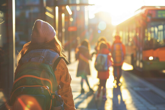 Sunset city commute with young schoolchildren passengers waiting for bus in urban setting. Back to school concept. - Powered by Adobe
