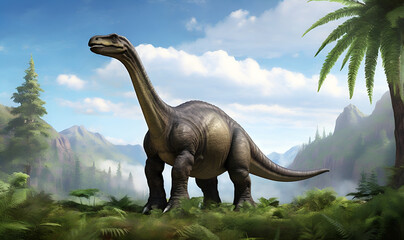 Obraz premium Image of dinosaur similar to Apatosaurus on the background of prehistoric landscape with trees.