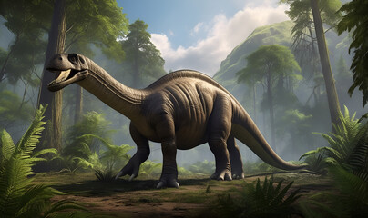 Fototapeta premium Image of dinosaur similar to Apatosaurus on the background of prehistoric landscape with trees.
