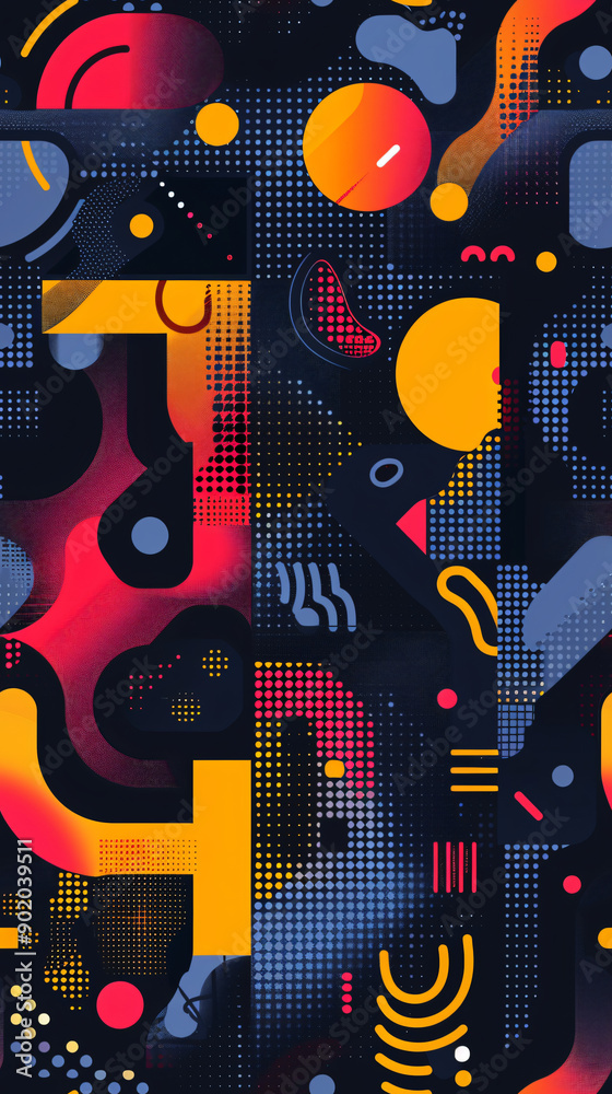 Aufkleber Colorful geometric shapes creating a seamless pattern on a dark background