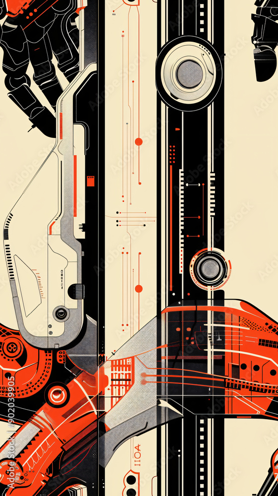 Aufkleber Futuristic robot arm holding digital device in modern and colorful seamless pattern