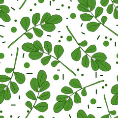 Fototapeta premium Seamless pattern with green mistletoe branches and confetti dots color illustration