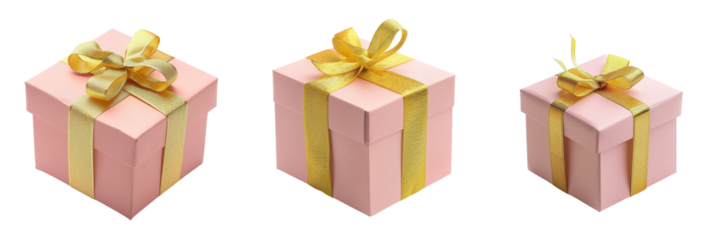 set of small pink gift box with a gold ribbon isolated on transparent background