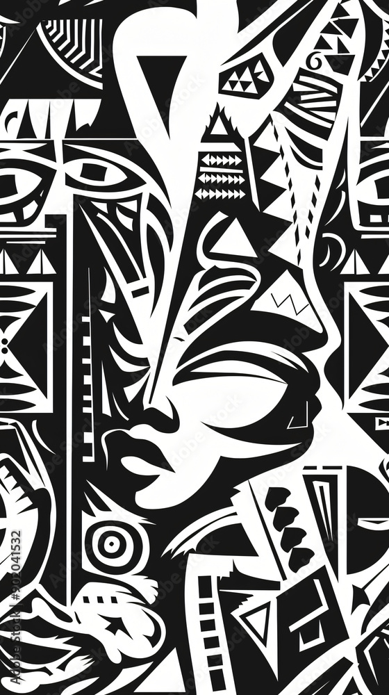 Poster abstract faces and geometric shapes in a bold and modern black and white seamless pattern