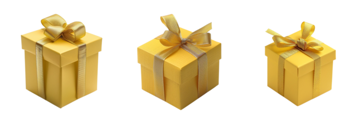 Set of small royal yellow gift box with a gold ribbon isolated on transparent background  (2)