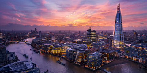 London Cityscape at Sunset with Shard and Thames River View